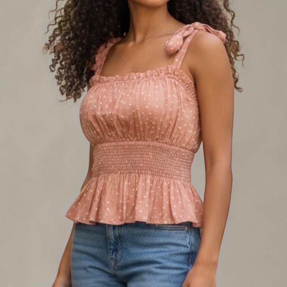 Polka Dot Peplum Top Pink Smocked Tie Shoulder Straps‎ Women's S Coquette Summer
